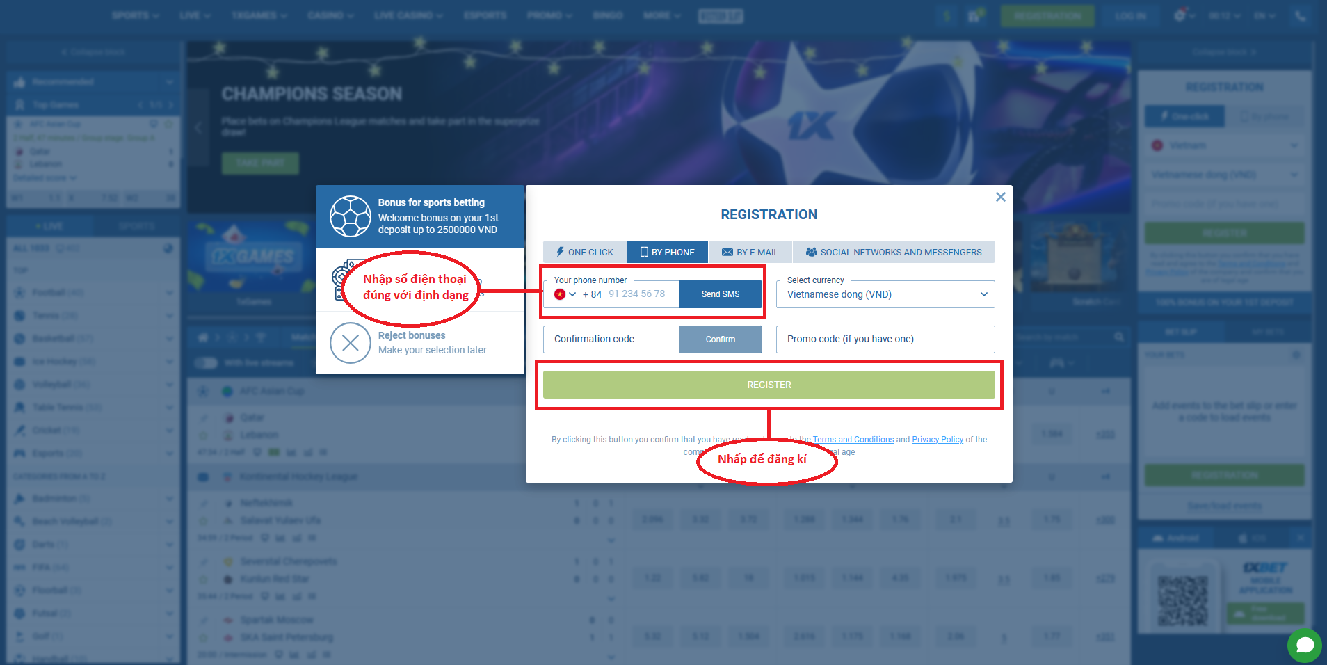 Dữ liệu chính để đăng ký trong 1xBet