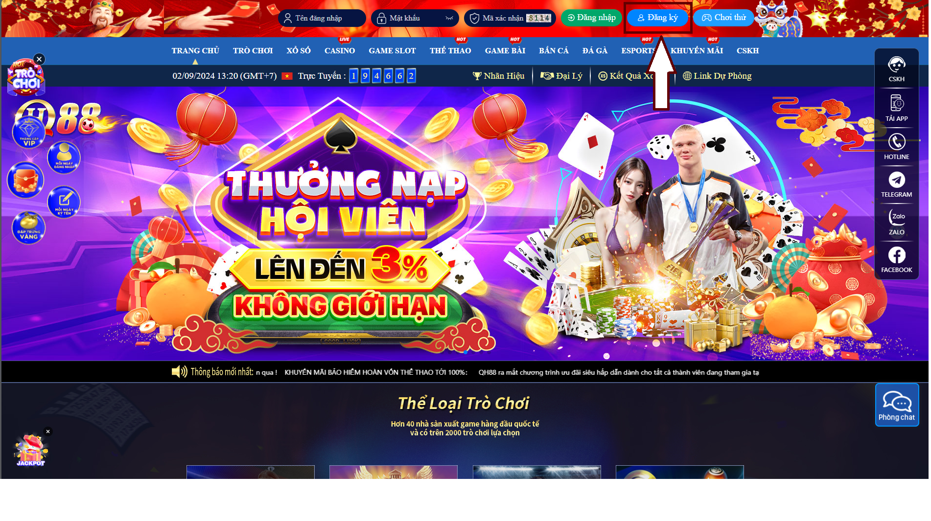 Nút đăng ký trên màn hình chính QH 88